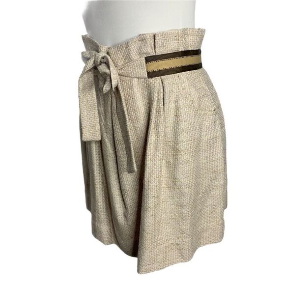 Vintage Silk Paper Bag Waist Mini Skirt S Beige Tie Waist Zip Pockets Pleated - Picture 3 of 6